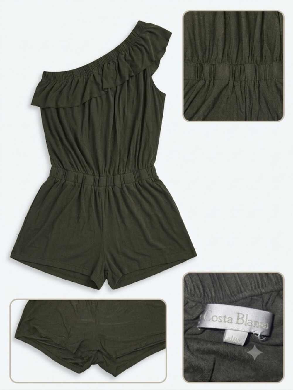 Costa Blanca Olive One-Shoulder Ruffle Romper